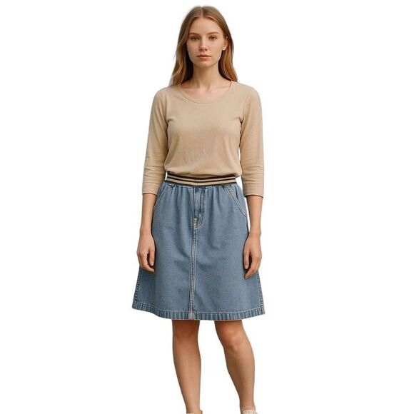 Loft Tan Silk Blend 3/4 Sleeve Blouse and SC Surplus Blue Denim Skirt Set - Picture 1 of 13